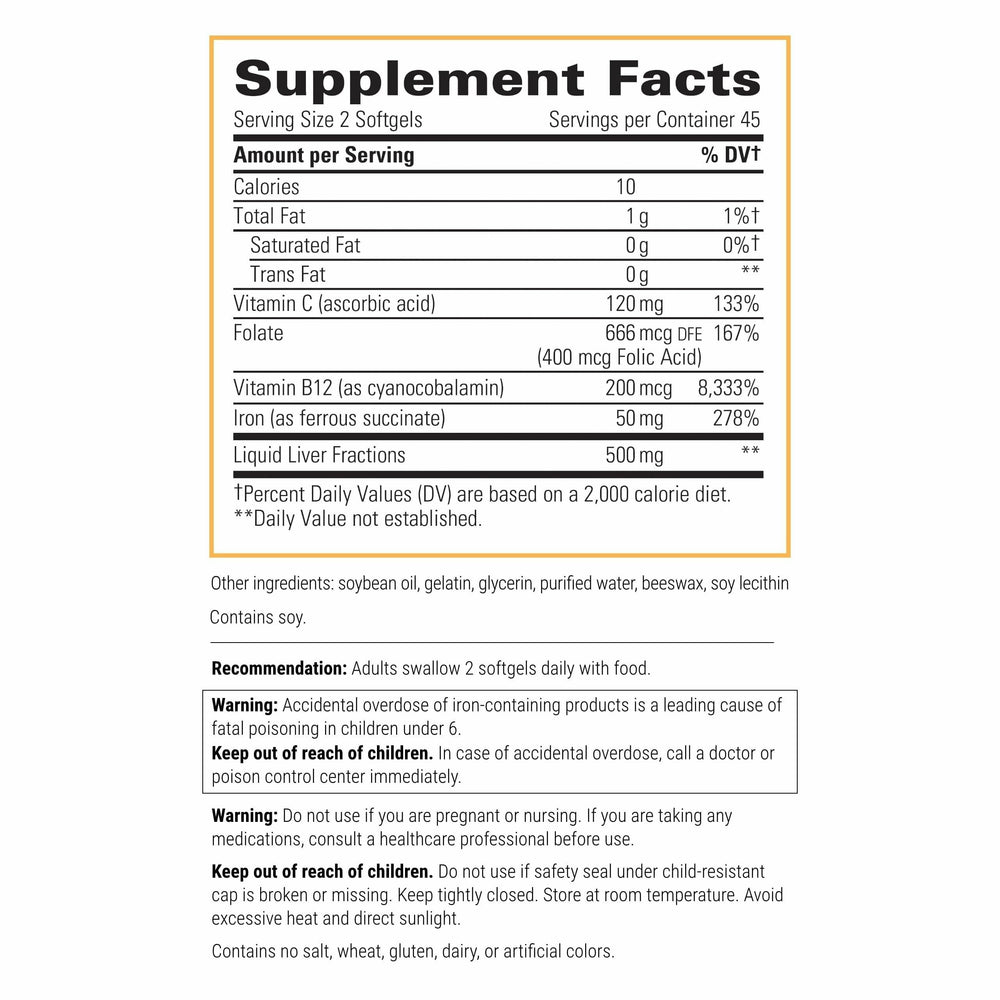 Integrative Therapeutics Iron Complex softgels closeup highlighting easy-to-swallow capsules for energy support.