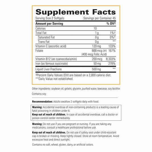 Integrative Therapeutics Iron Complex softgels closeup highlighting easy-to-swallow capsules for energy support.