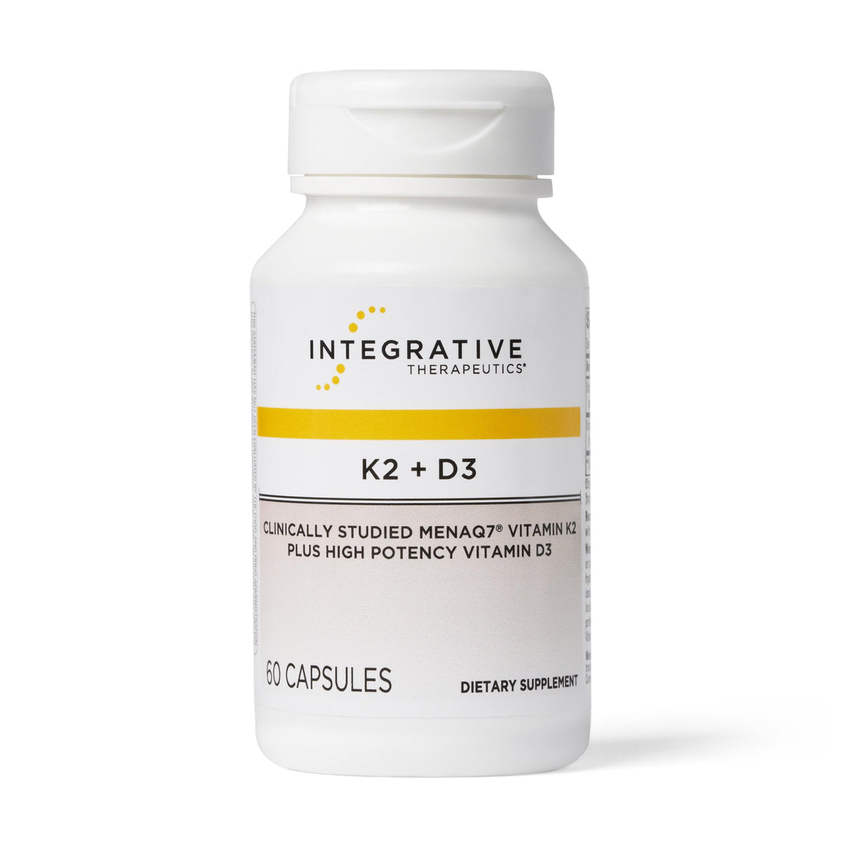 Integrative Therapeutics K2+D3 bottle label close-up highlighting bone and heart support
