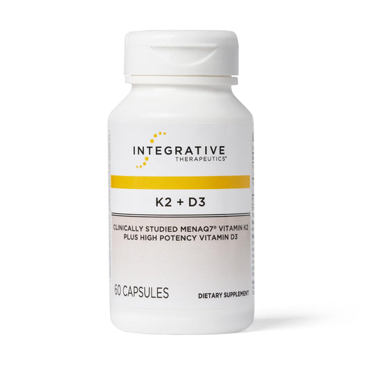 Integrative Therapeutics K2+D3 bottle label close-up highlighting bone and heart support