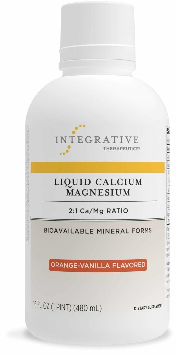 Integrative Therapeutics liquid calcium magnesium bottle with orange vanilla flavor for bone support.