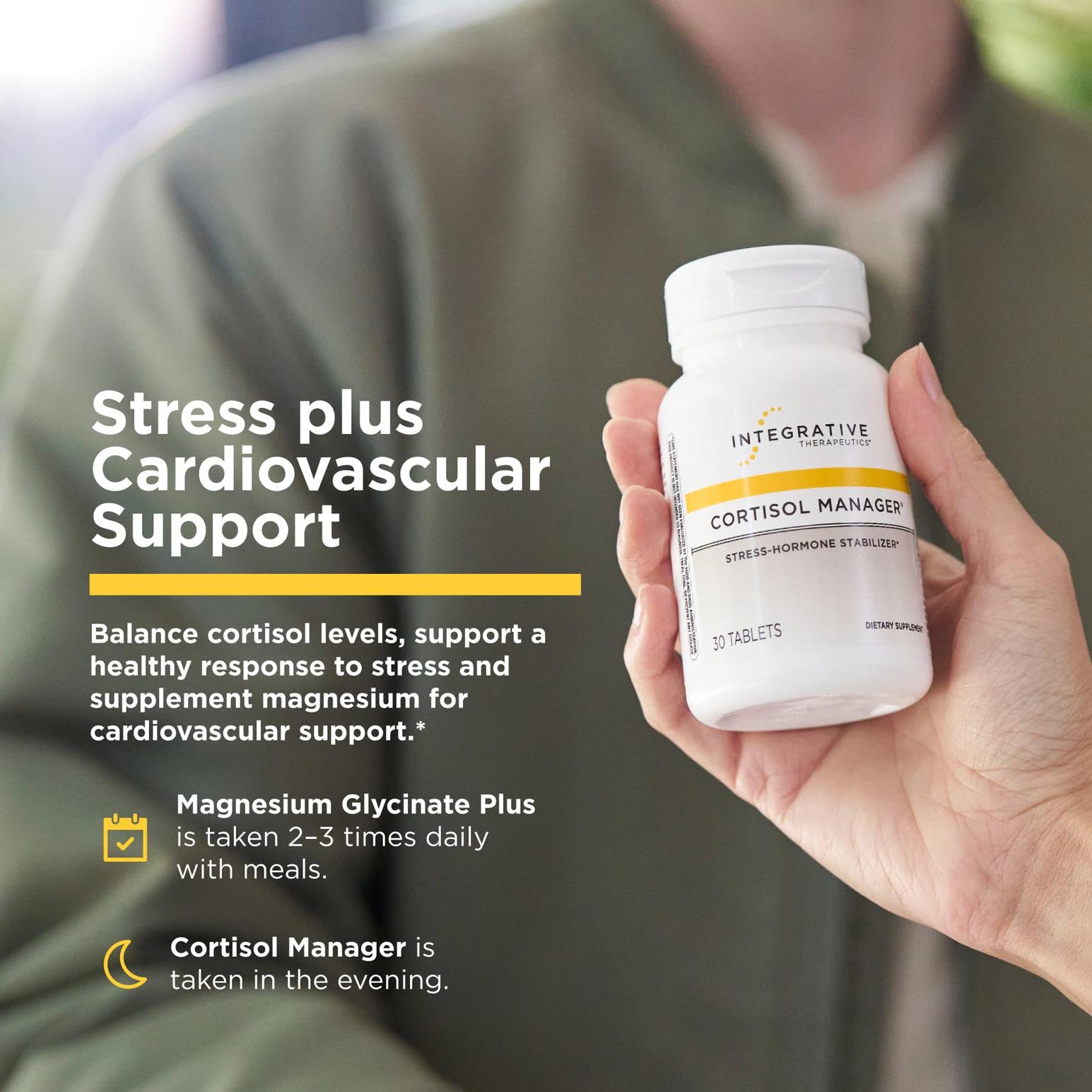 Integrative Therapeutics Magnesium Glycinate Plus bottle emphasizing heart and muscle support.