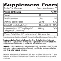Magtein L-Threonate Plus capsules for day and night dosing to support brain function.