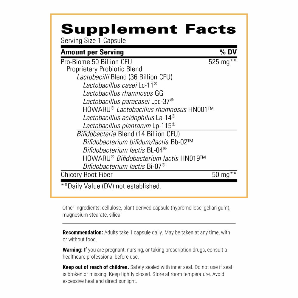 Pro-Biome capsules closeup highlighting multiple probiotic strains