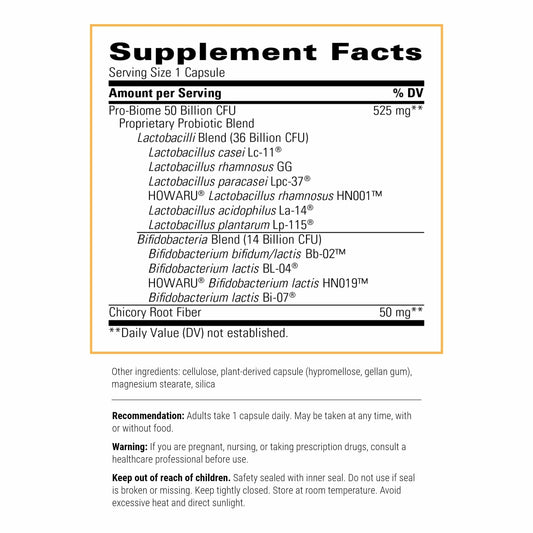 Pro-Biome capsules closeup highlighting multiple probiotic strains