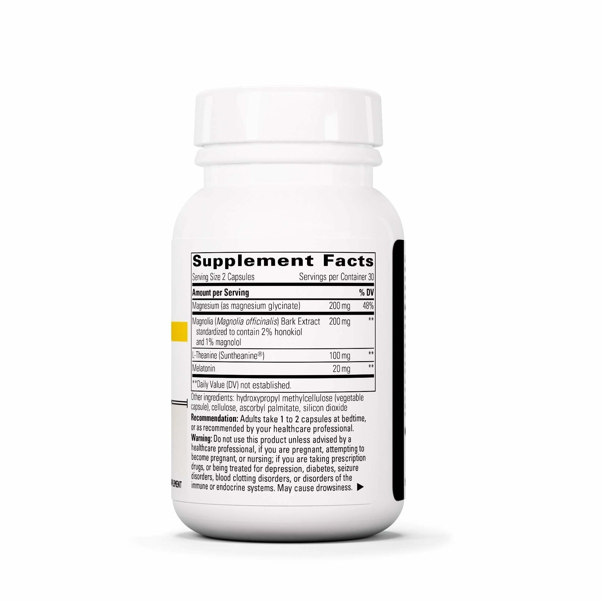 Label highlights Suntheanine L-theanine and magnolia extract for soothing cues.