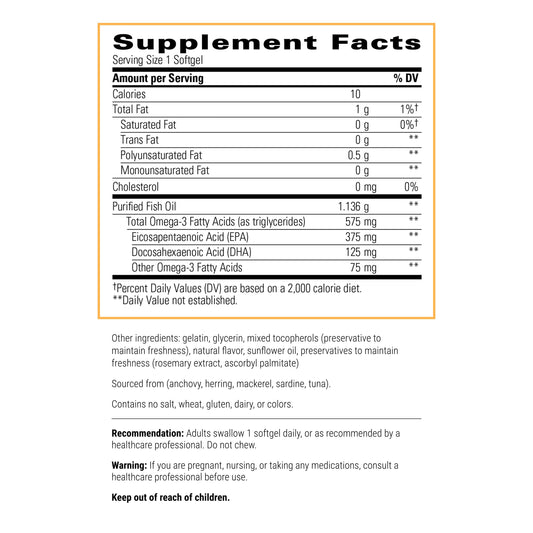 Pure Omega HP bottle label highlighting EPA and DHA content
