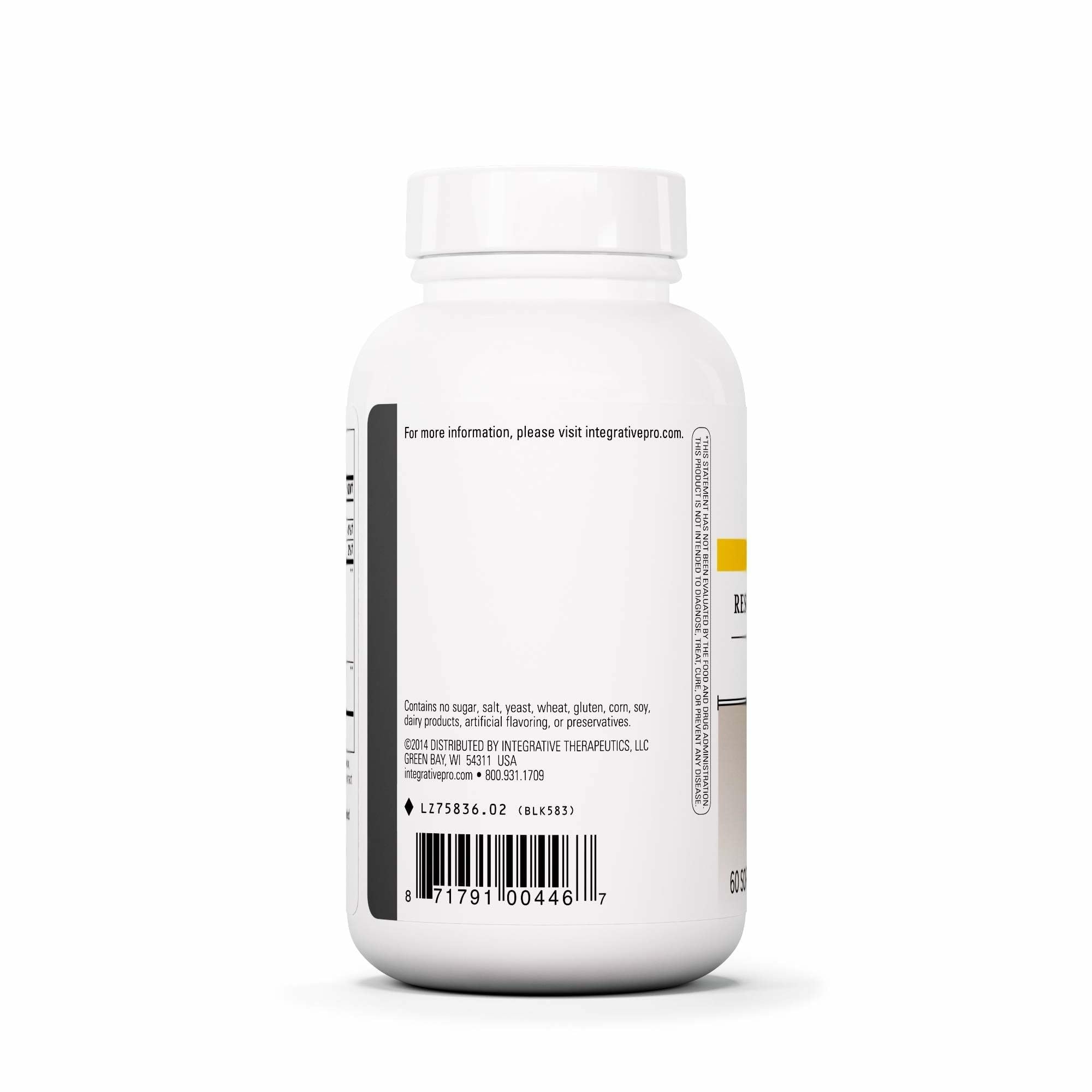 Label detail of Integrative Therapeutics Resveratrol Ultra HP showing gluten-free and dairy-free notes