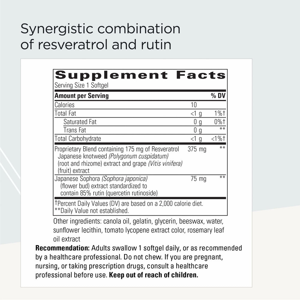 Close-up of Integrative Therapeutics Resveratrol Ultra HP softgels highlighting antioxidant support