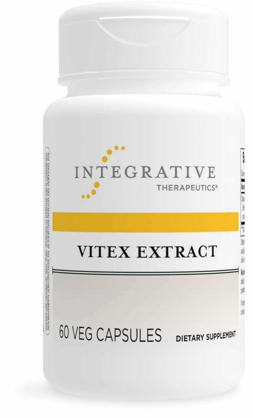 Integrative Therapeutics Vitex Extract bottle highlights vegan PMS support.