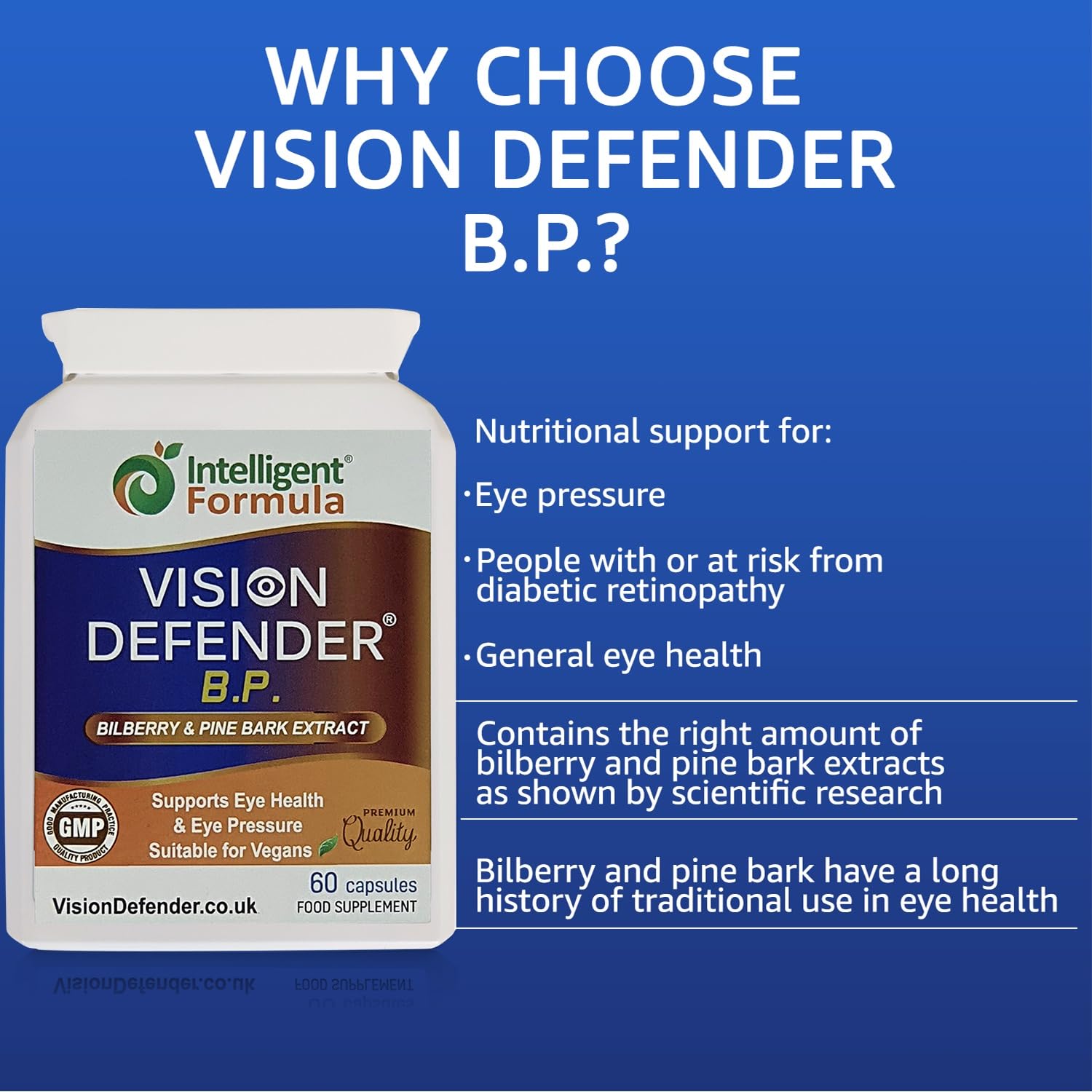 Vision Defender BP capsules closeup showing antioxidant ingredients.