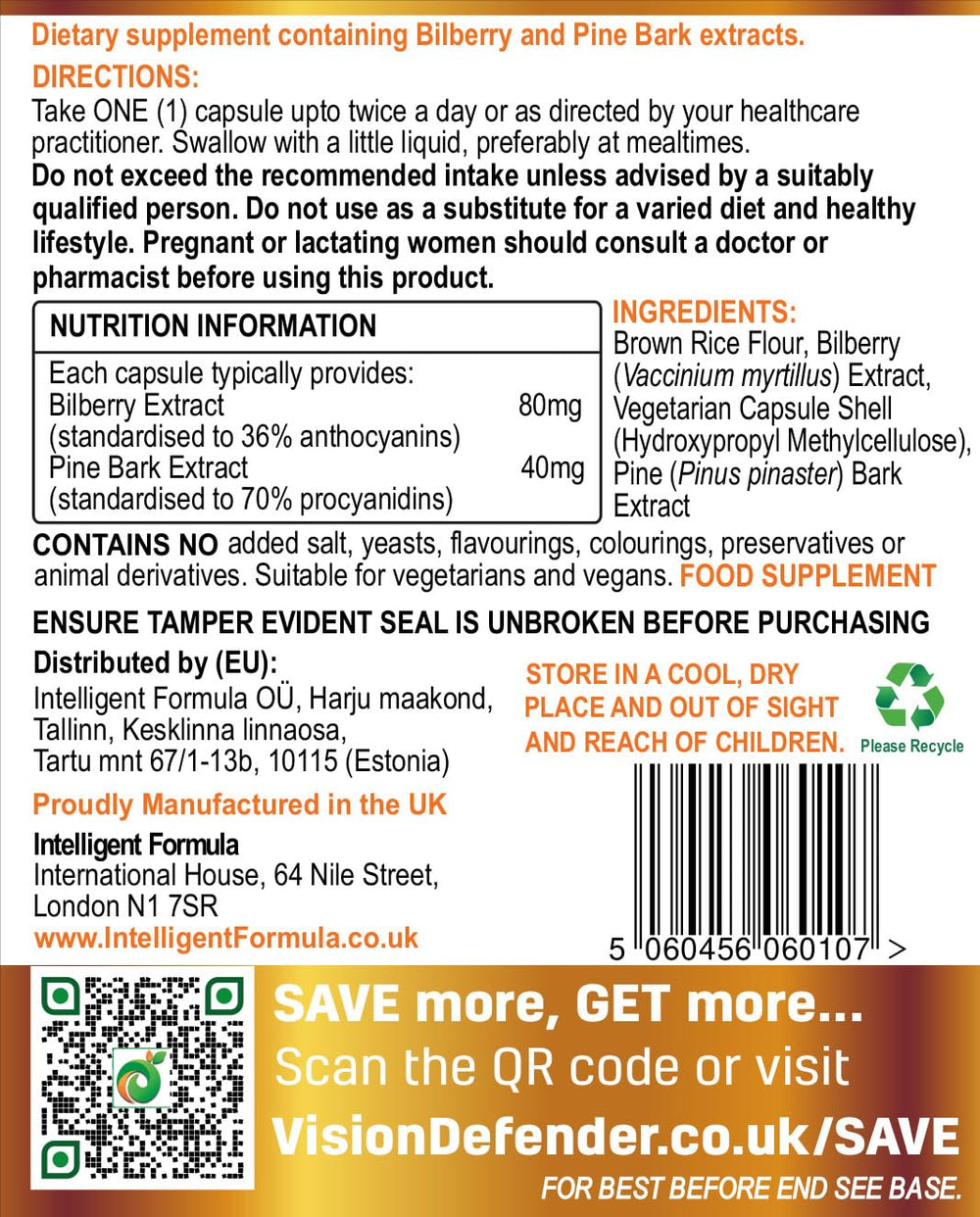 Vision Defender BP label showcasing vegan ingredients and transparency.