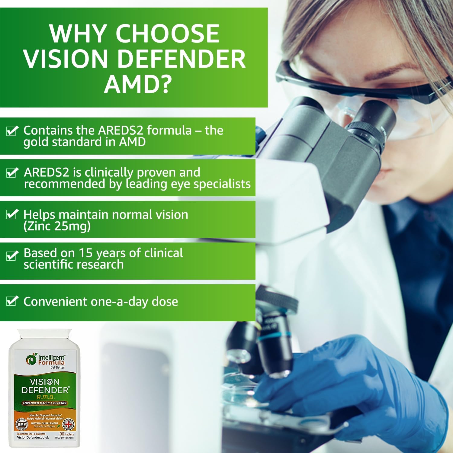 Vision Defender label close-up highlighting AREDS2 ingredients