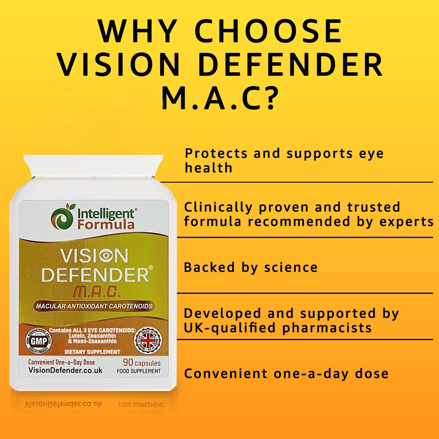 Close-up of Vision Defender MAC capsule, an easy daily eye health supplement.