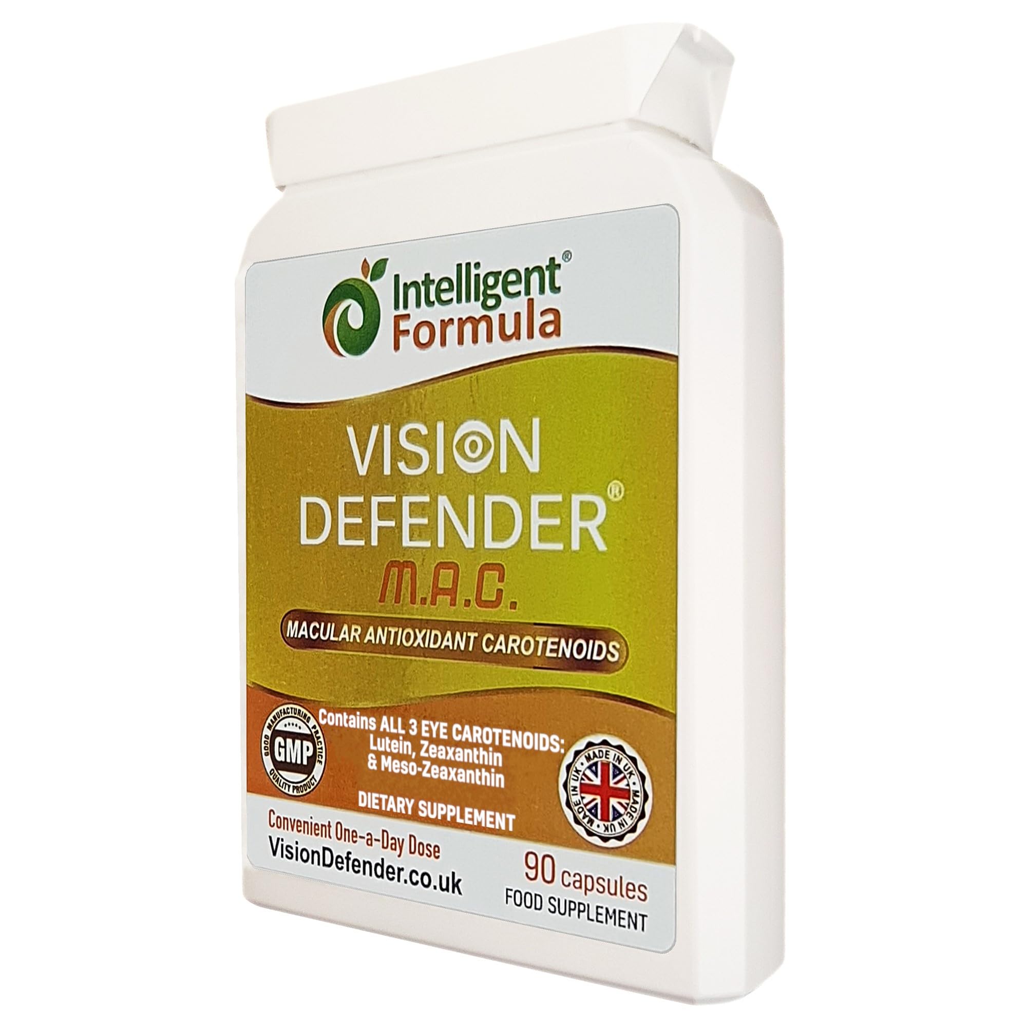 Vision Defender MAC label highlights UK-made quality and key carotenoids.