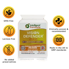 Packaging for Vision Defender MAC emphasizes lutein, zeaxanthin, and meso-zeaxanthin.