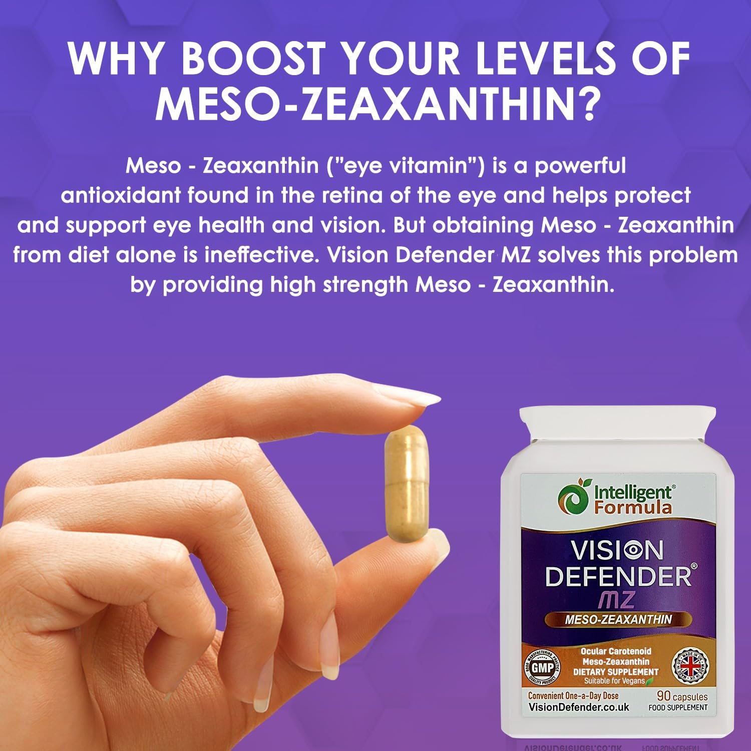 Vision Defender MZ packaging highlights vegan and UK-made quality.