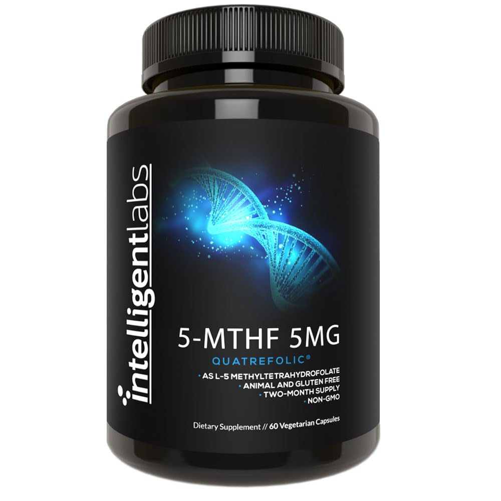 Intelligent Labs 5-MTHF bottle label highlighting Quatrefolic activated folate for daily use
