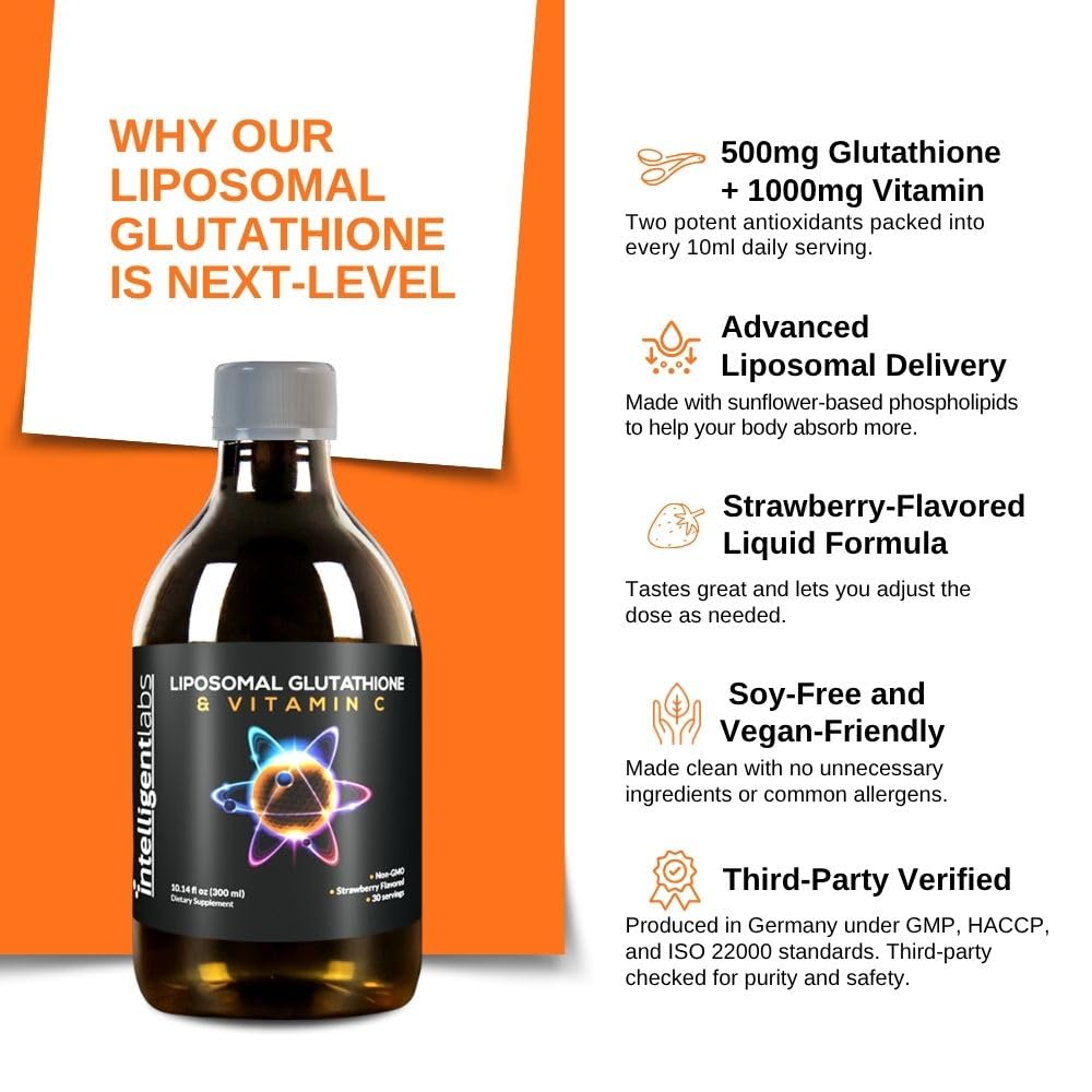 Intelligent Labs Liposomal Glutathione Vitamin C label highlighting potency and synergy