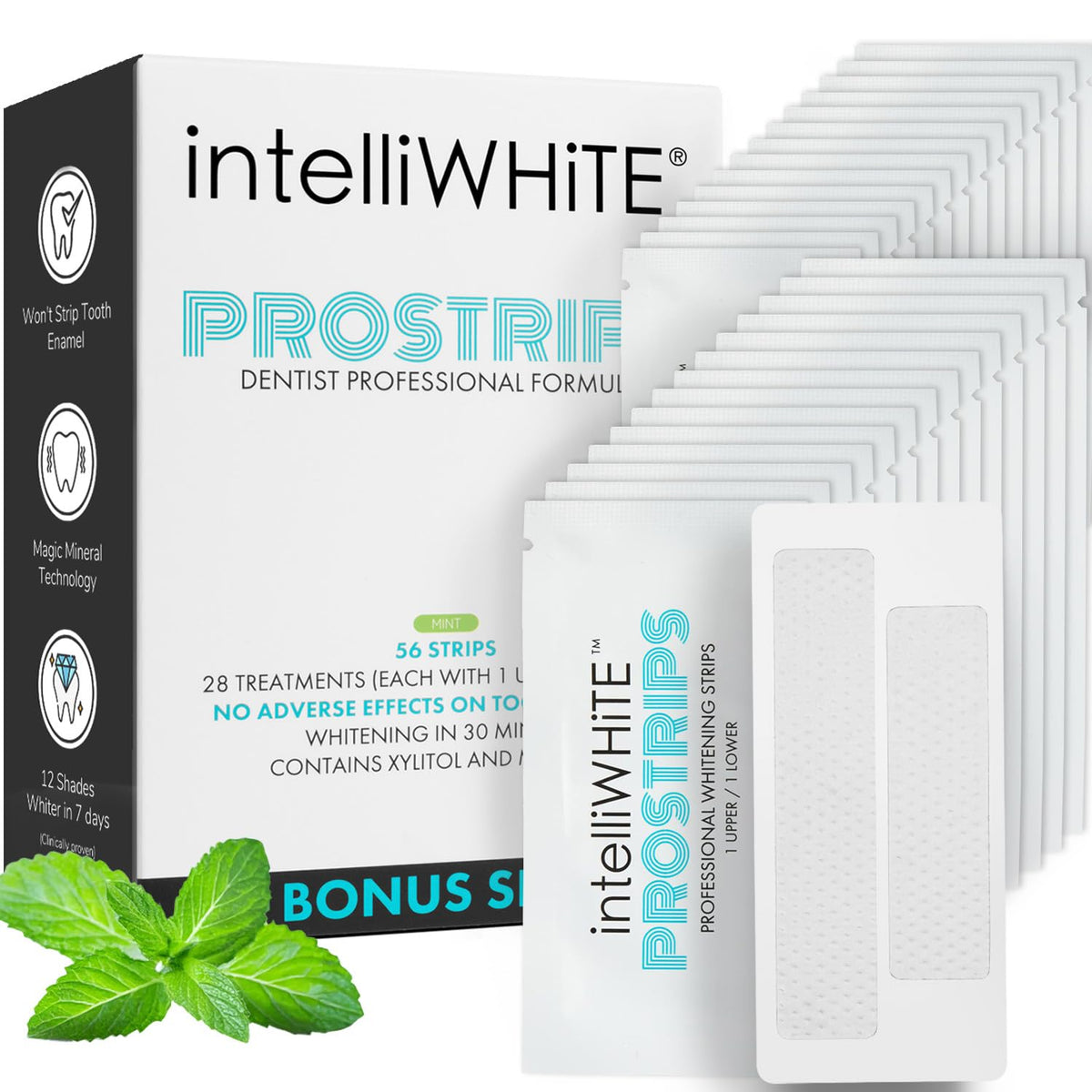 Intelliwhite ProStrips packaging mint 56pk for easy at-home whitening.