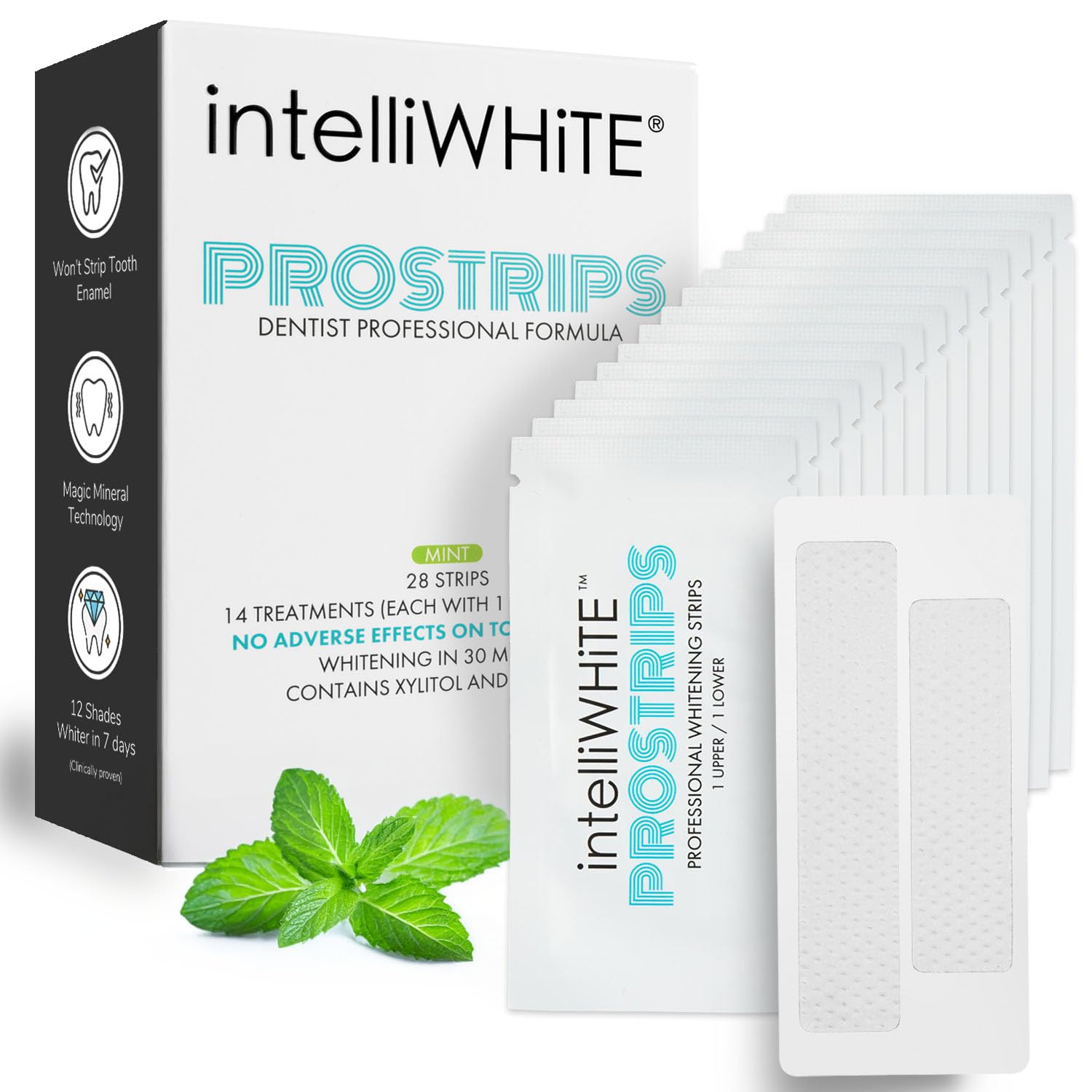 IntelliWHiTE ProStrips packaging view with mint flavor and 28-pack box for home whitening.