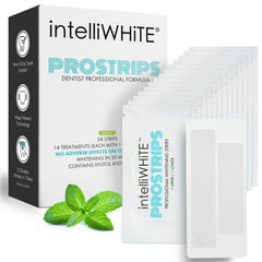 IntelliWHiTE ProStrips packaging view with mint flavor and 28-pack box for home whitening.