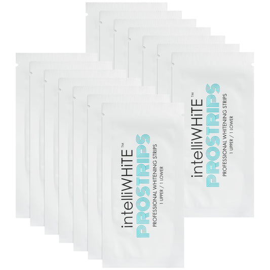 Intelliwhite ProStrips applying strip to teeth for even whitening coverage.