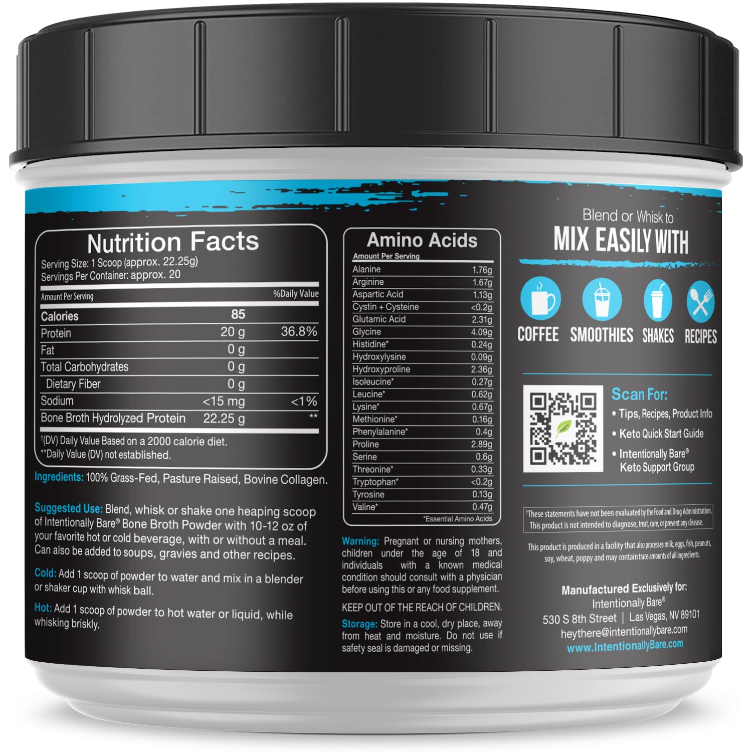 Intentionally Bare bone broth powder unflavored shaker ready for dairy-free beverages.