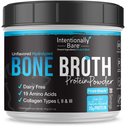 Intentionally Bare bone broth protein powder unflavored tub showing packaging and texture benefits for skin, gut, and joints.
