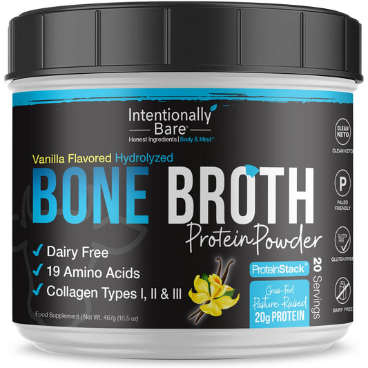Intentionally Bare vanilla bone broth protein bottle, organic grass-fed formula