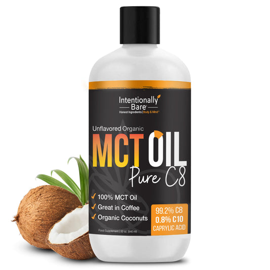 Intentionally Bare MCT oil in amber bottle with pour, ideal for keto-friendly meals.