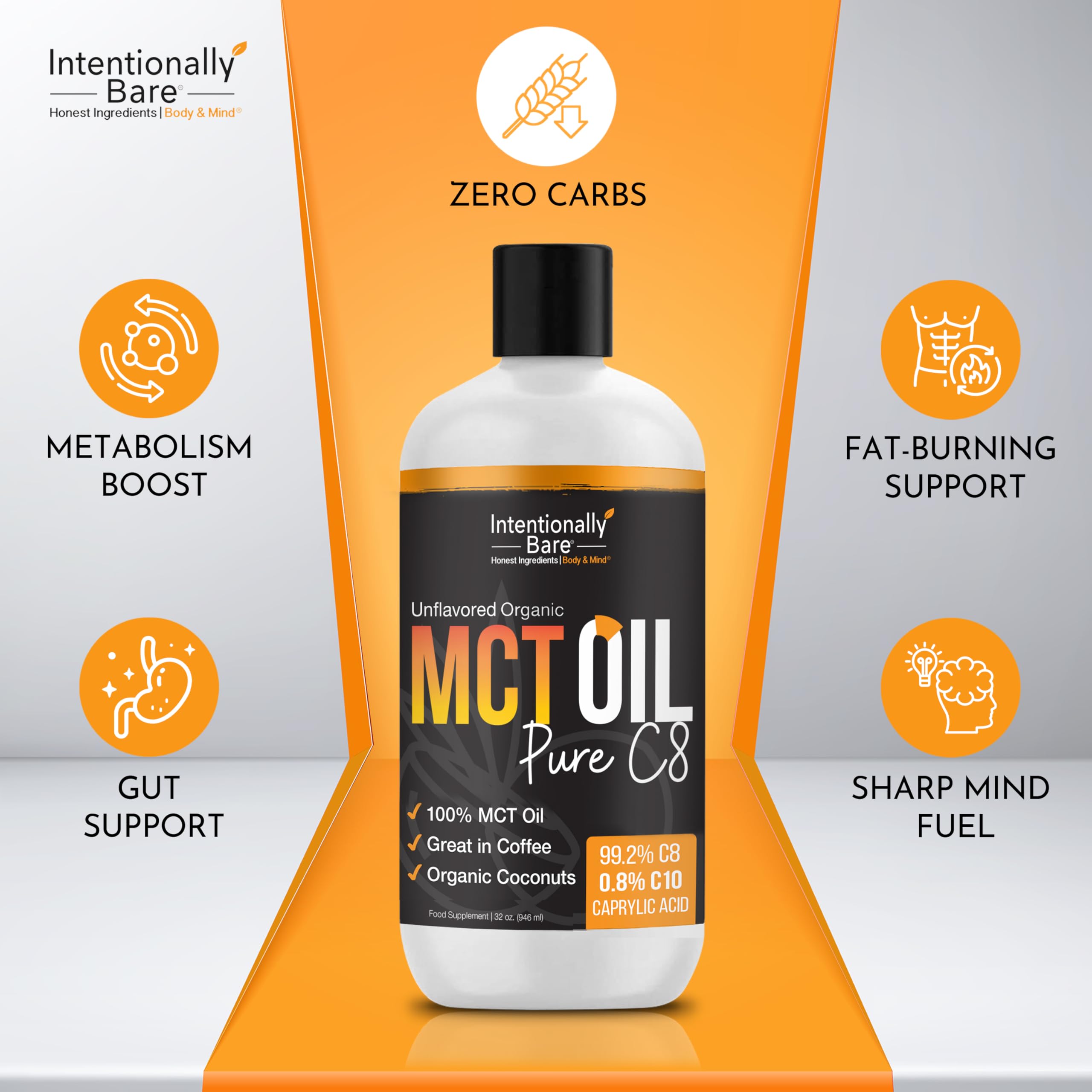 Intentionally Bare MCT oil bottle with label showing C8 content.