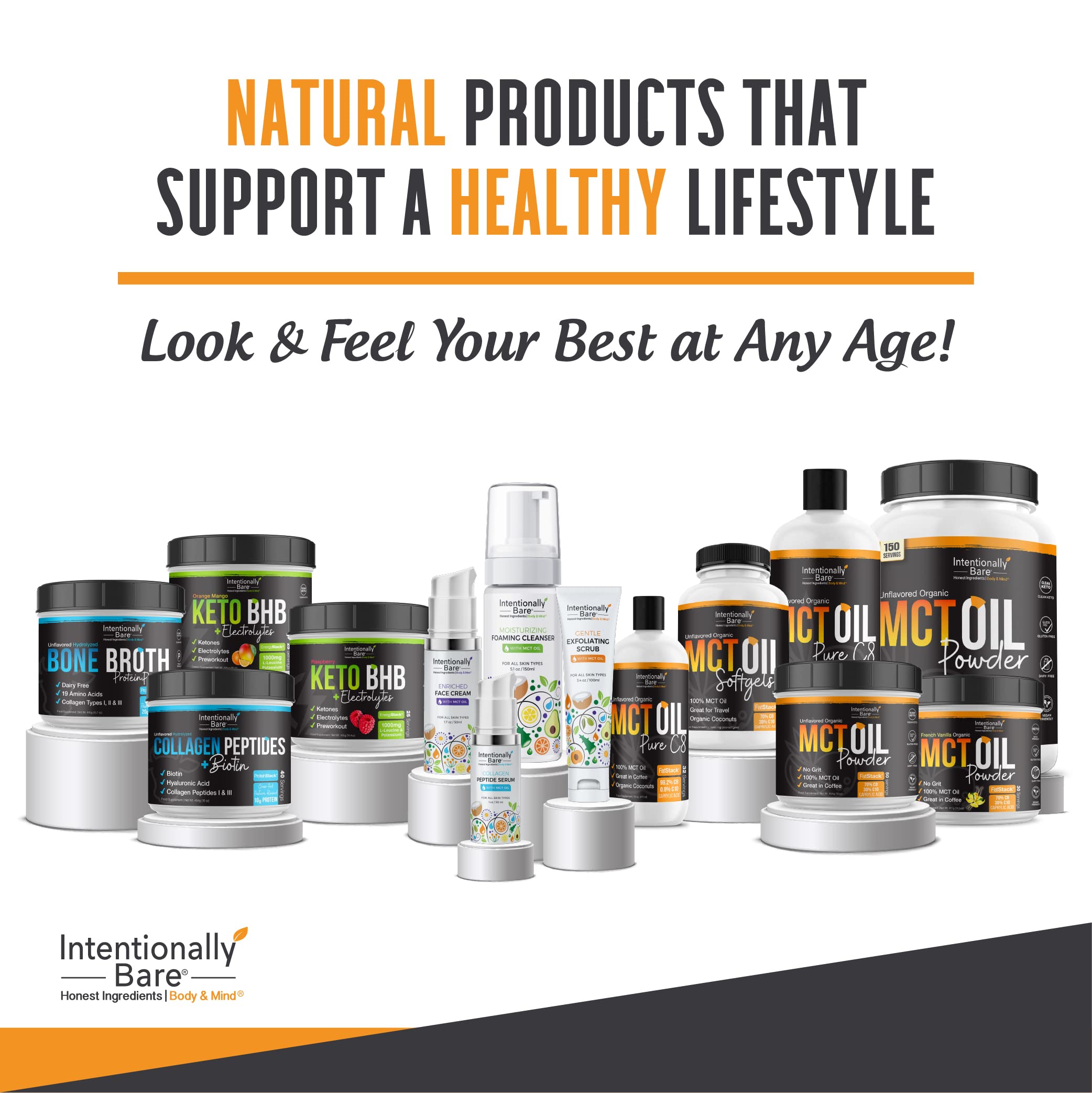 Intentionally Bare travel bottle of MCT capsules for daily routine.