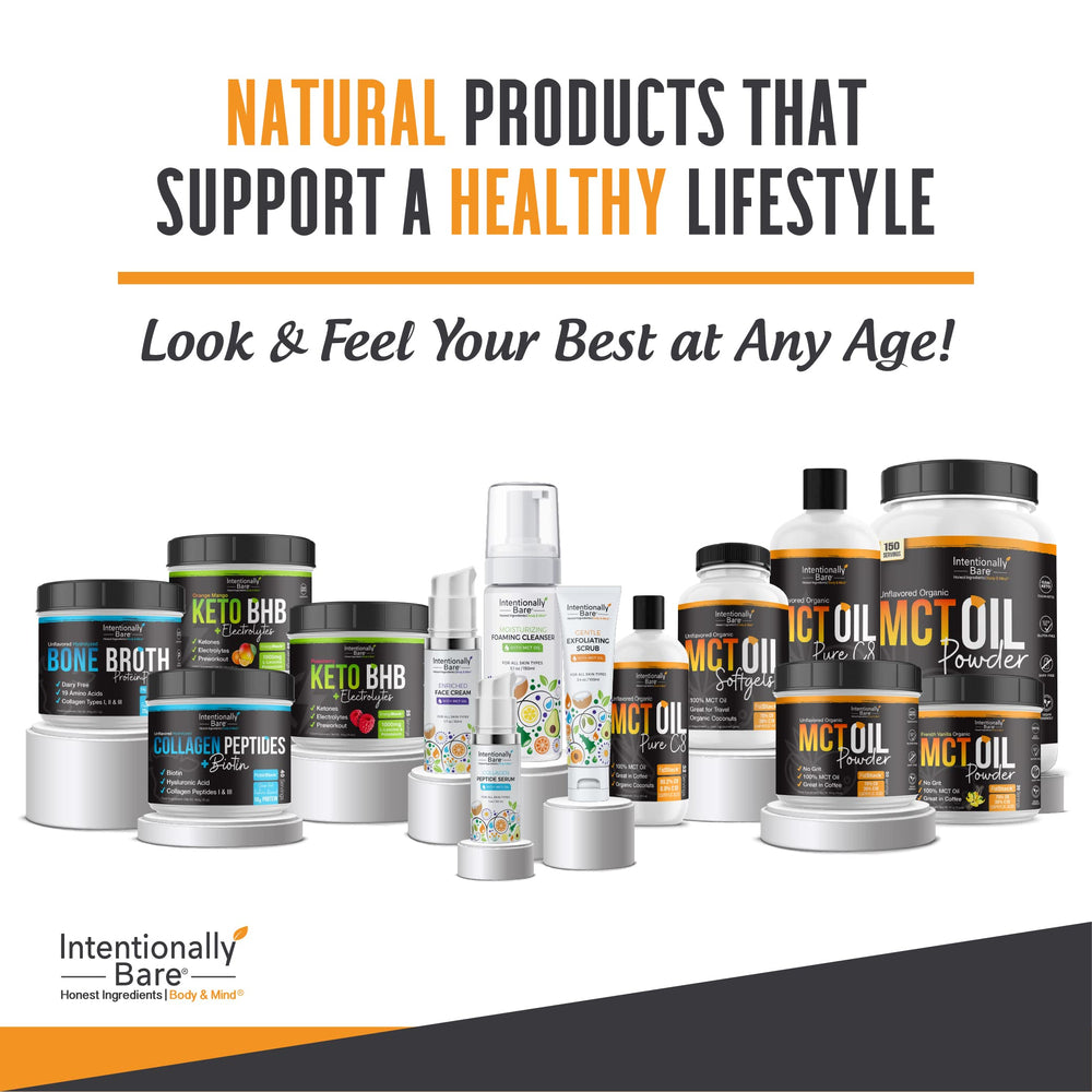 Intentionally Bare travel bottle of MCT capsules for daily routine.