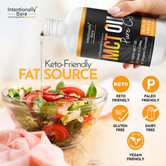 Intentionally Bare MCT oil clear liquid pouring from bottle.