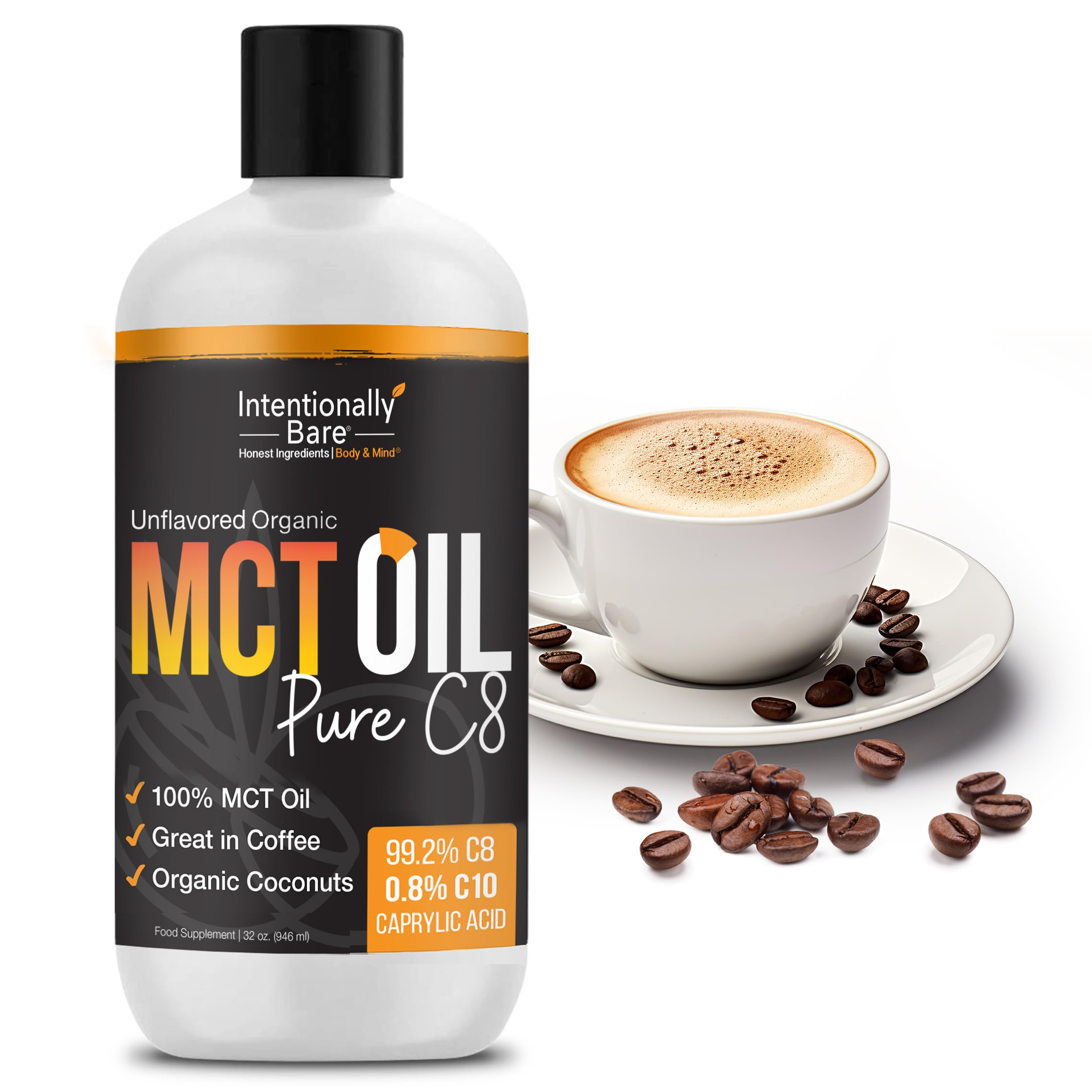 Intentionally Bare MCT oil on pantry shelf for daily use.
