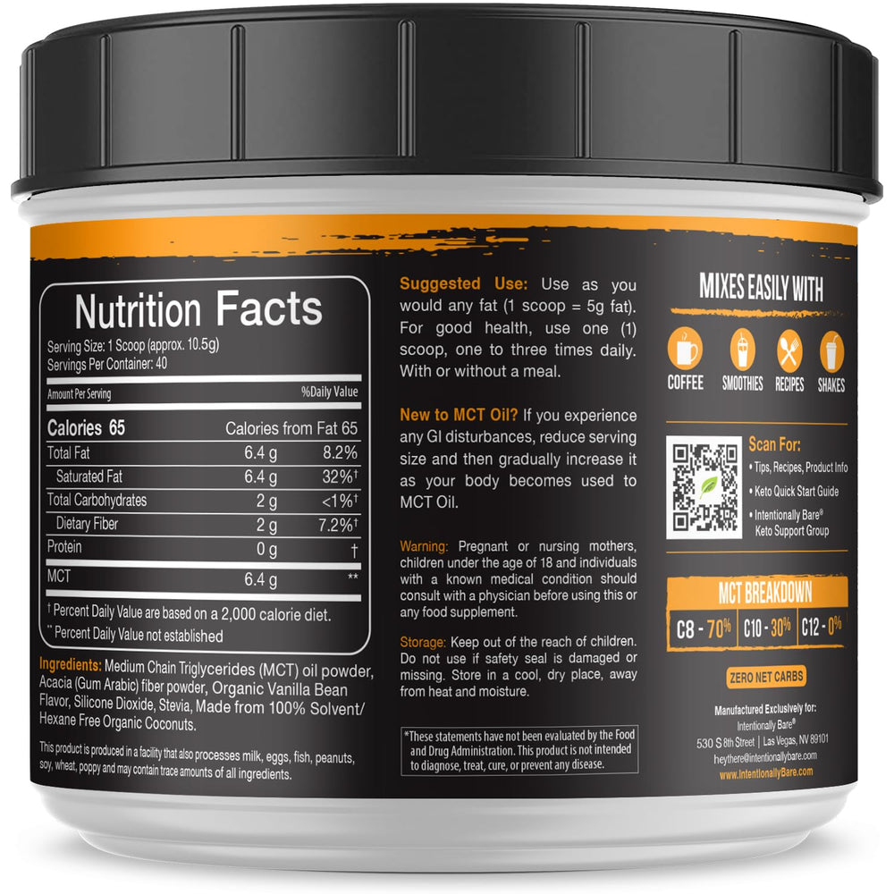 Intentionally Bare MCT powder 40-serving pack ready for daily use.