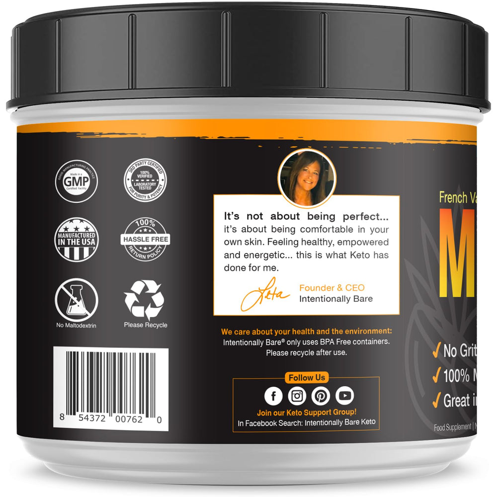 Intentionally Bare MCT powder beside organic coconuts signals clean fuel.