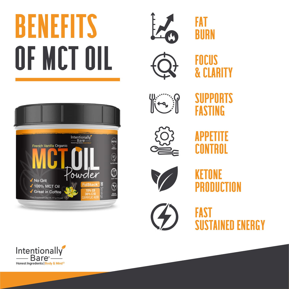 Intentionally Bare MCT Powder packaging demonstrates travel friendly convenience.