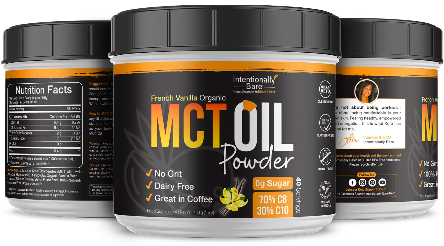 Intentionally Bare MCT powder dissolves smoothly with no greasy residue.