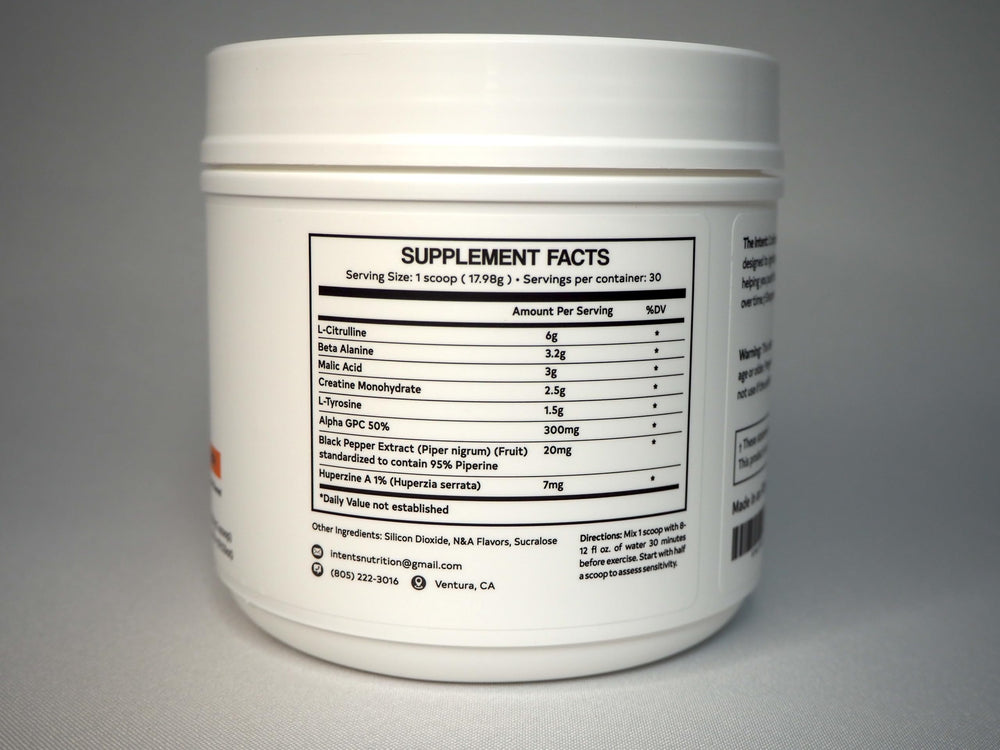 Intents Nutrition Pre Workout tub open for easy access to powder