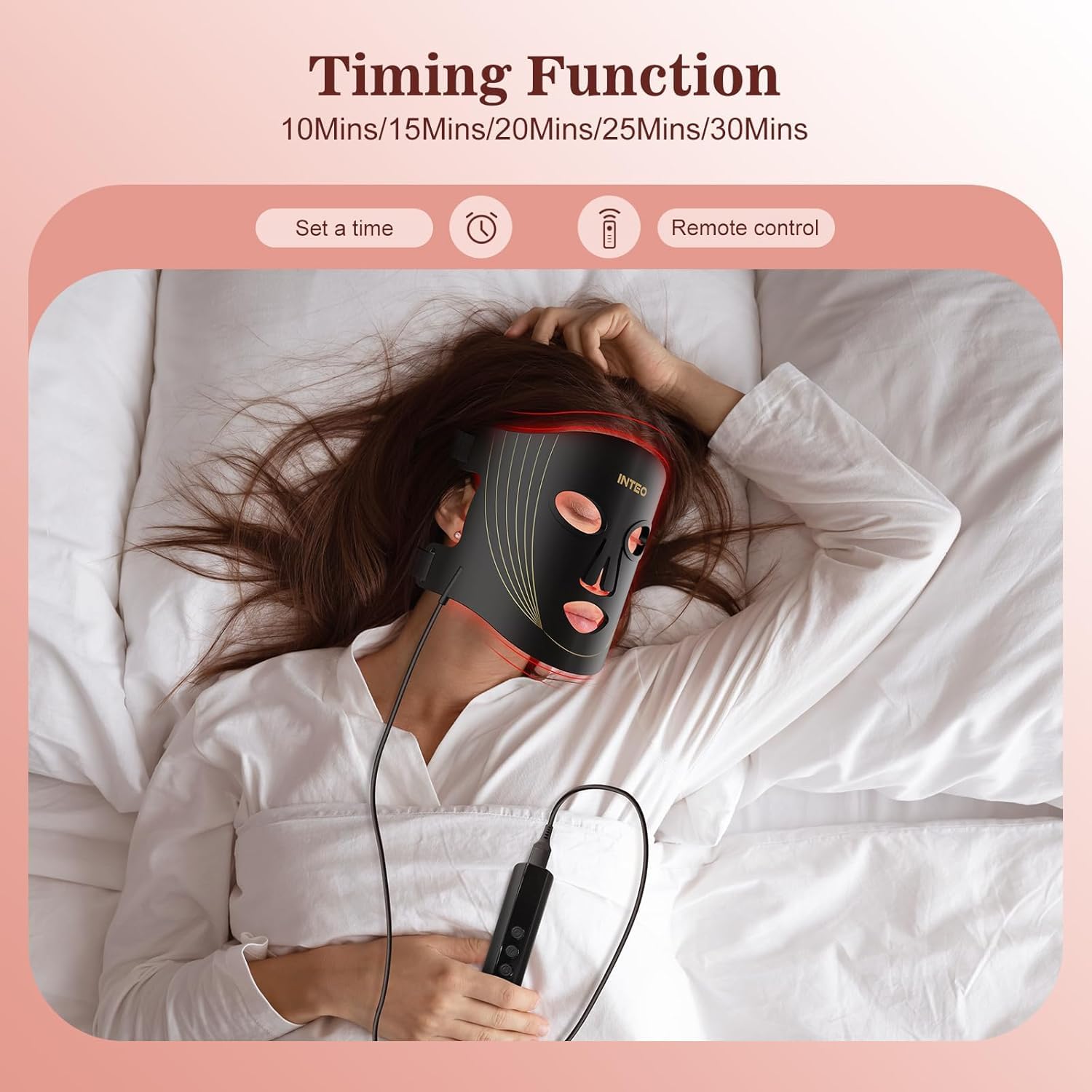 INTEO red light mask energy coverage reaching facial skin.