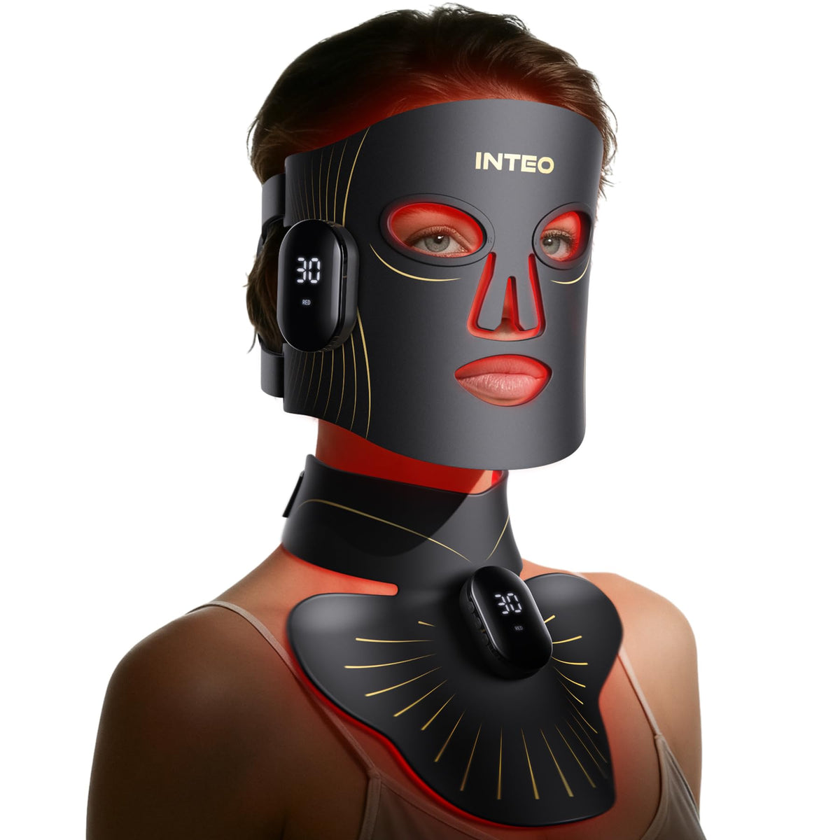 INTEO red light mask covers face and neck for comprehensive skincare sessions.