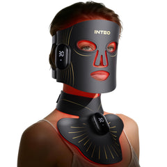 INTEO red light mask covers face and neck for comprehensive skincare sessions.