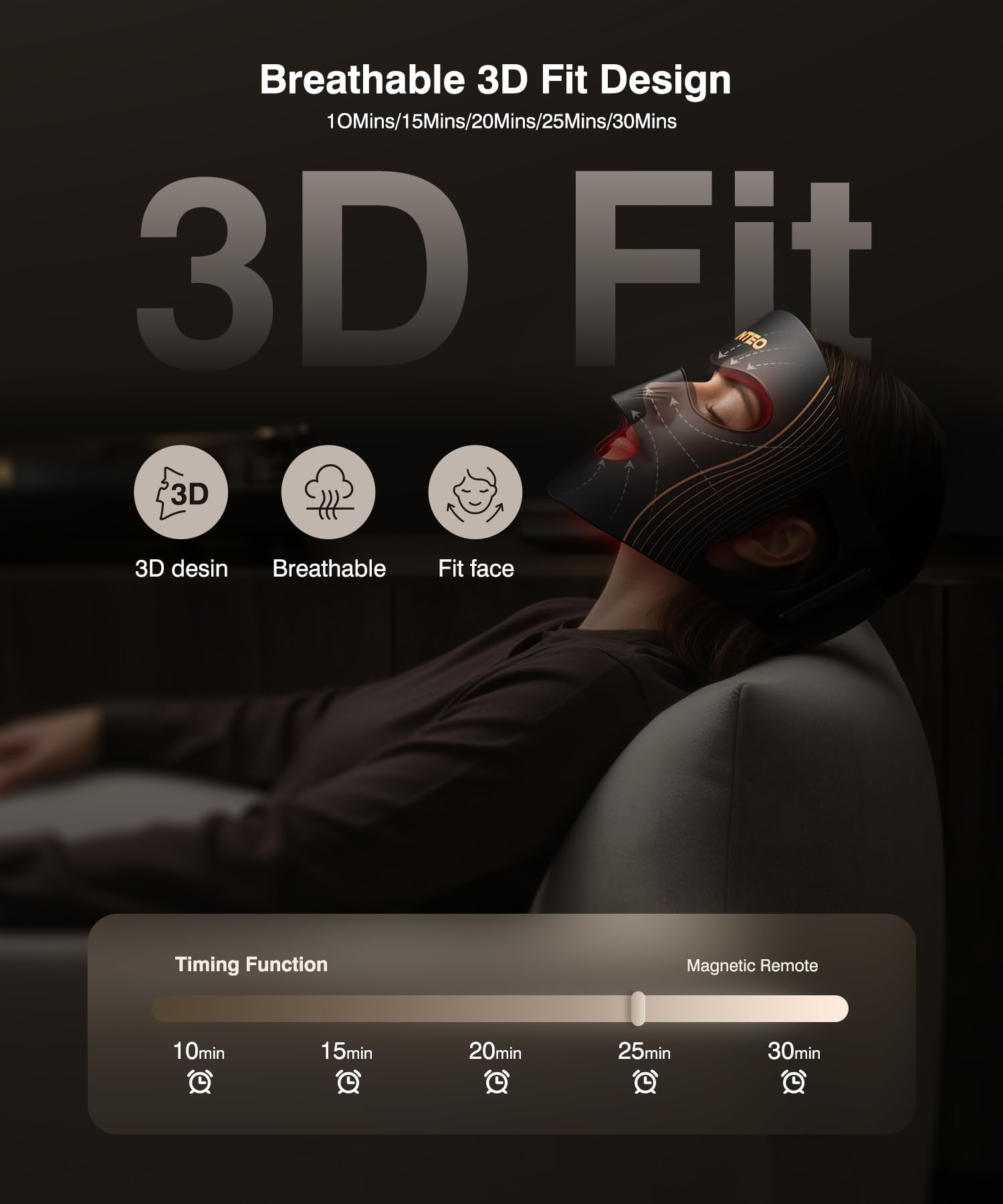 INTEO red light therapy mask 3D fit nose space for breathable wear