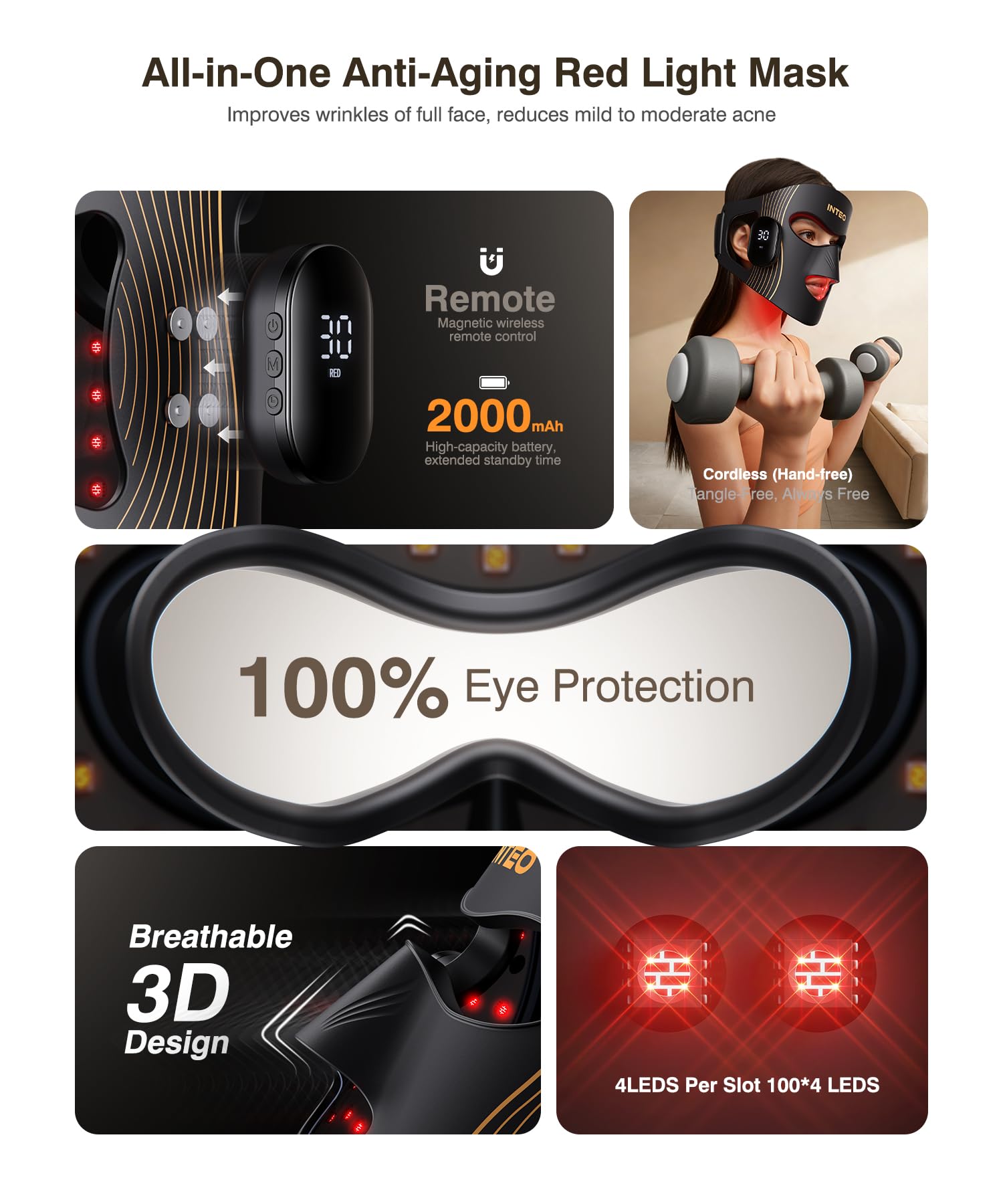INTEO red light therapy mask built-in control for quick mode changes