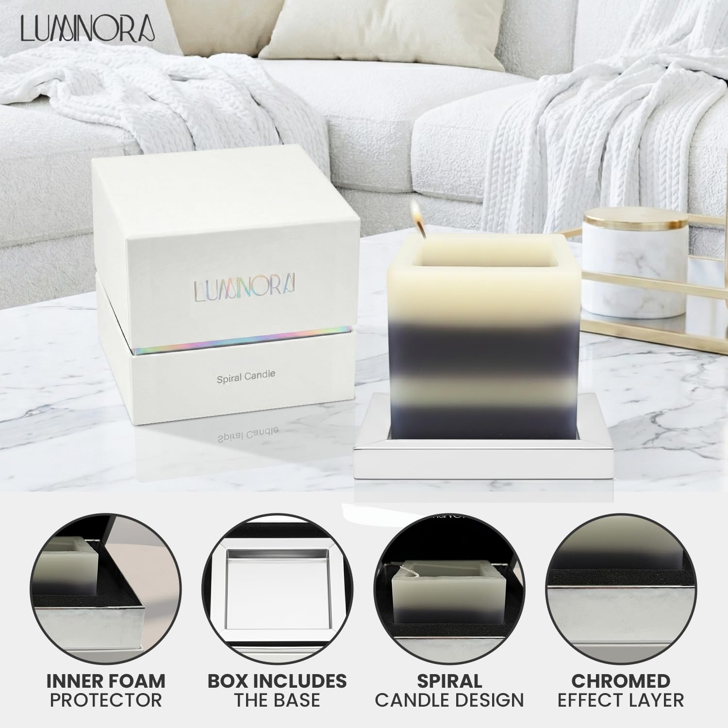 INTERGAZE LUMINORA square spiral design enhances modern decor focal point.