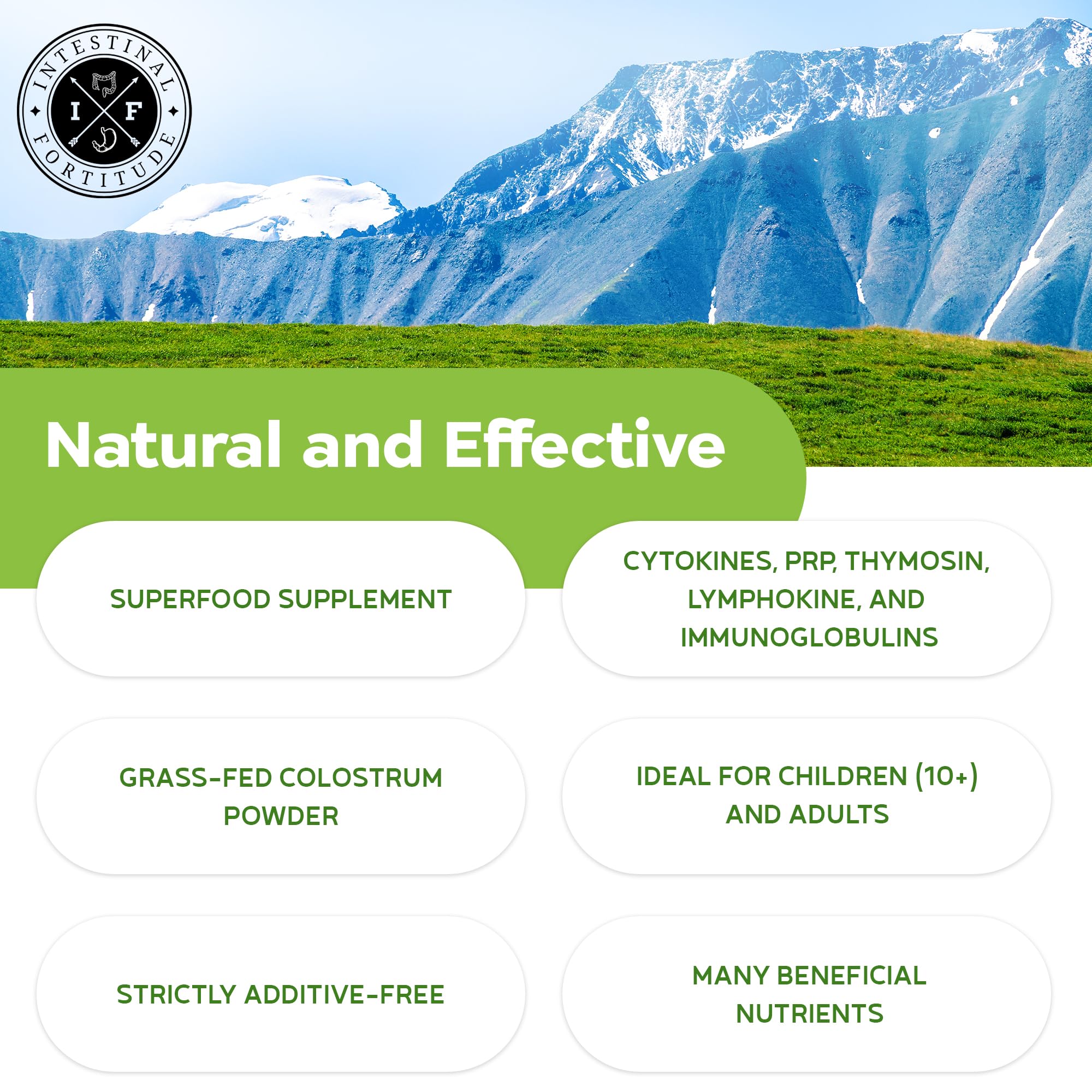 Intestinal Fortitude additive-free label communicates natural sourcing and minimal processing.