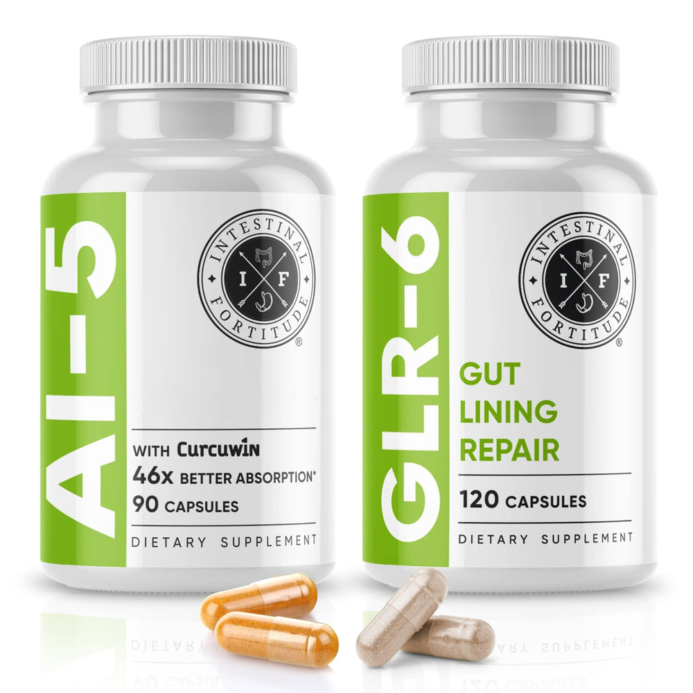 Intestinal Fortitude AI-5 bottle of capsules on display for gut support.