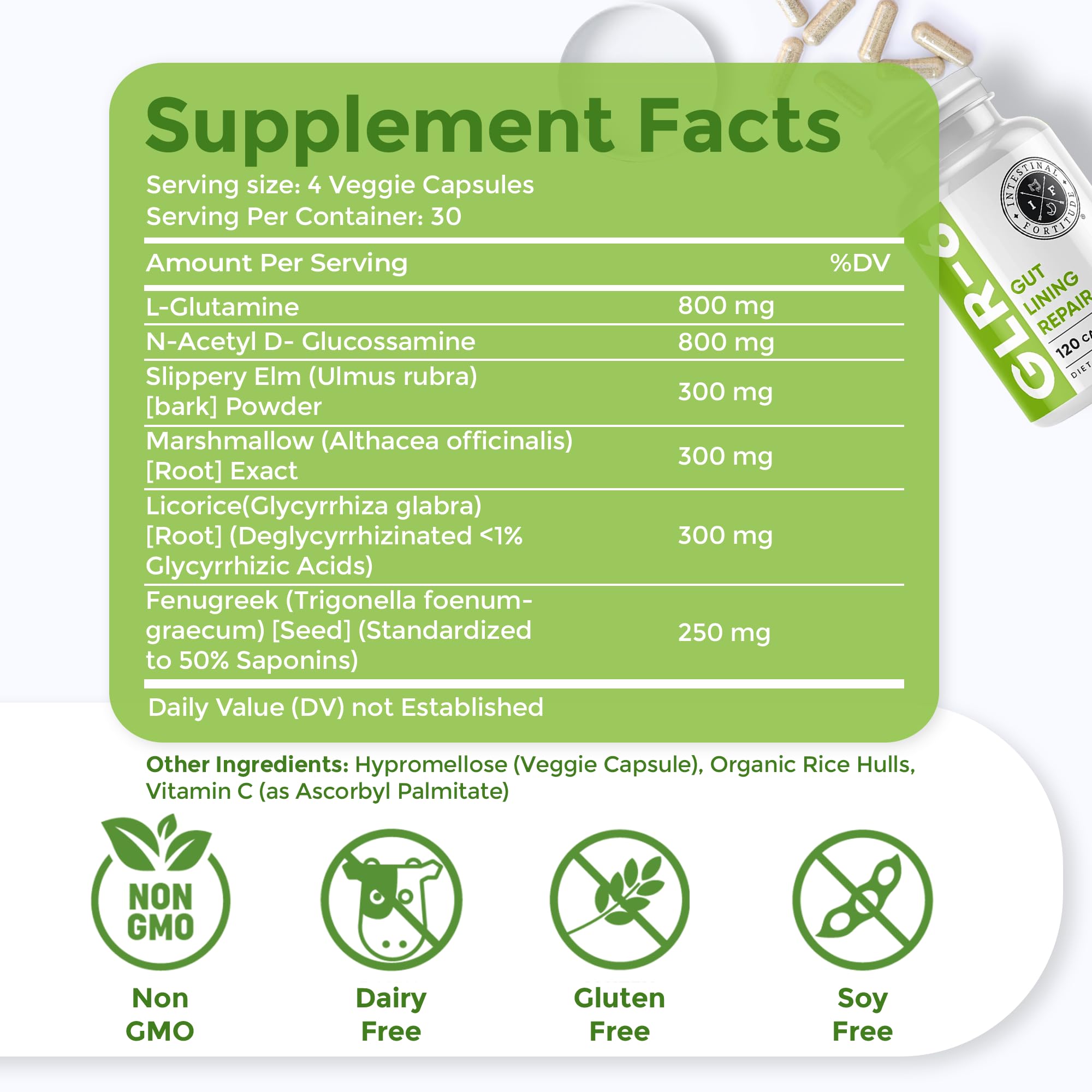Intestinal Fortitude GLR-6 bottle closeup: easy to take capsules support gut lining.